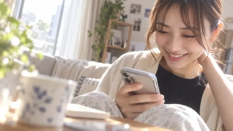部屋でスマホを楽しむ女性
